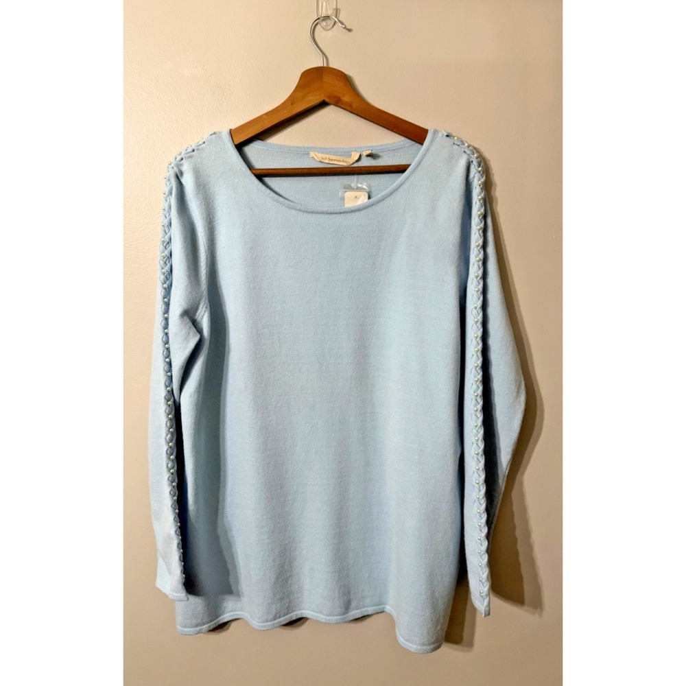 NWT Soft Surroundings String Of Pearls‎ Embellished Sweater Sz L Blue Soft Cozy